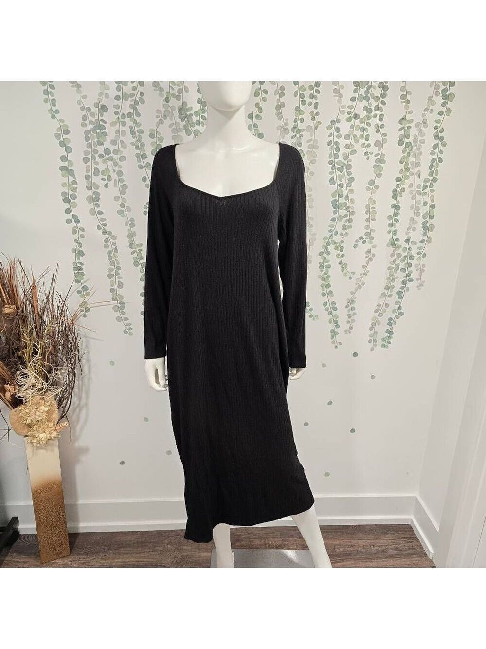 ELOQUII Ribbed Black Long Sleeve Midi Dress 18/20 | NWT Nordstrom Curve Knit - Picture 4 of 11